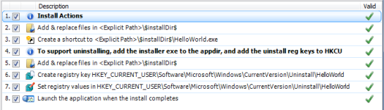 The install action list