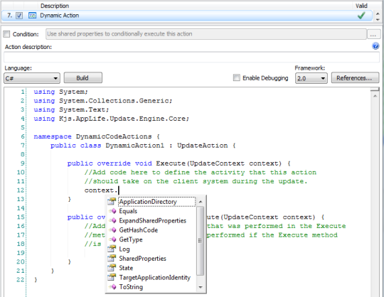 Define update activity using .net code